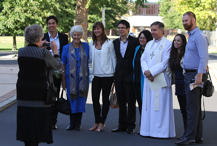 The Moxon whanau gather for a photo after Archbishop David's formal farewell service in Hamilton earlier this year.