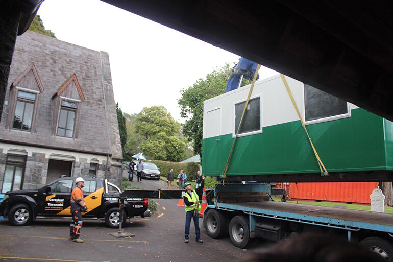 The campaign office being swung into position. The campaign office being swung into position.