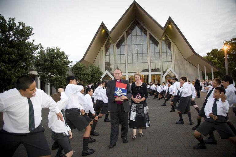 Bishop John and Marion leave Holy Trinity Cathedral to a stirring haka.