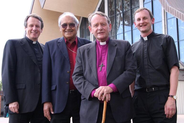 L-R: Canon Kenneth Kearon (who preached at Bishop John's final service) Archbishop Brown; Bishop John and Dean Ross Bay.