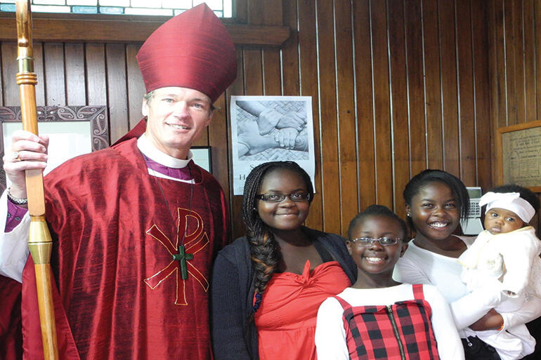 Bishop David with Dora, Sandra, Rachel and Debra David at Hiona St Stephen's, Opotiki.