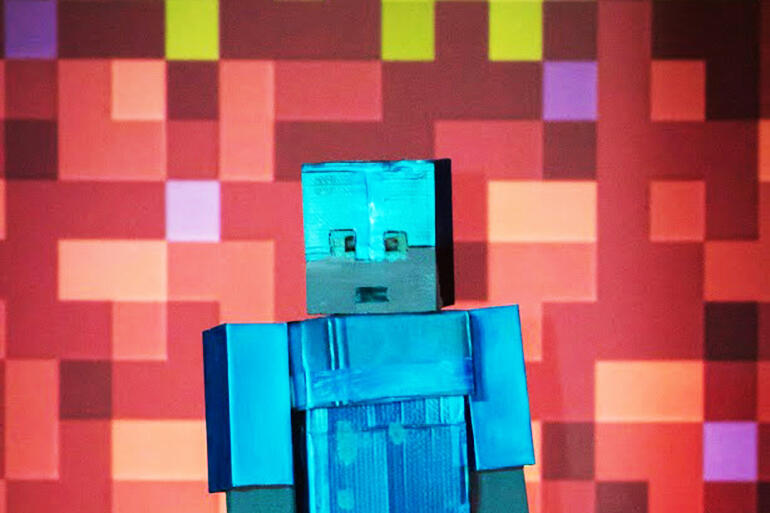 William Kendall (9), who is from the Parish of Whitby, models his Minecraft-themed creation.