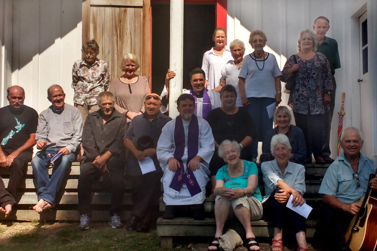 Taranaki pilgrims congregate on the steps of St Paul's, Purangi where they remembered Te Manihera and Kereopa this week.