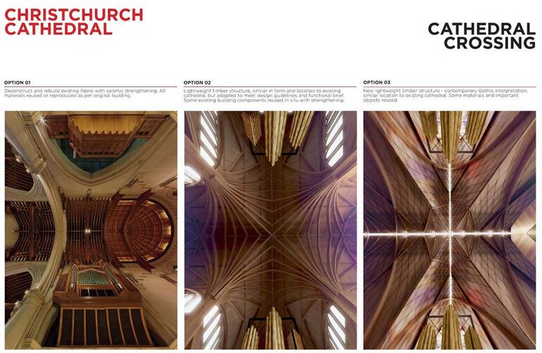 Ceilings of the three cathedral options: from left: restored, traditional and contemporary.