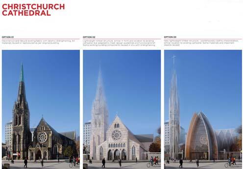 The three options for a new Cathedral in the Square: (from left) restored, traditional and contemporary.