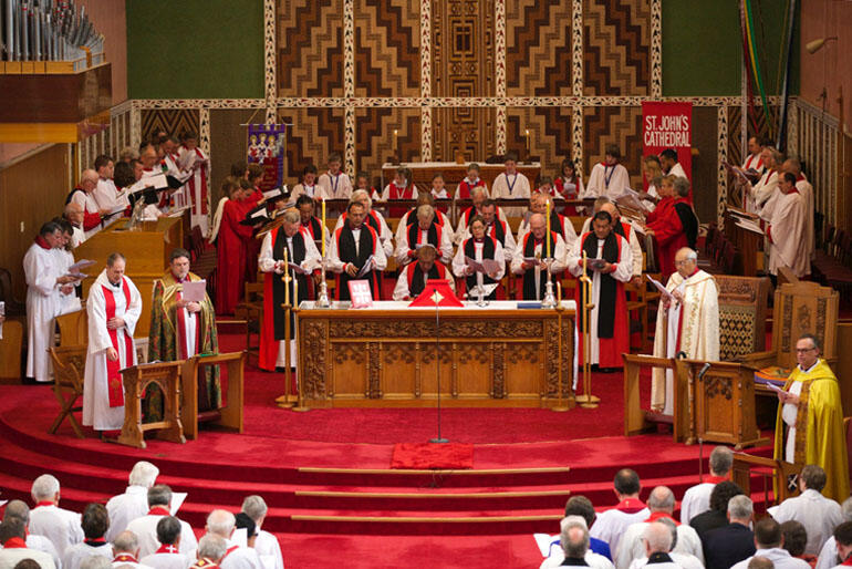 The throng of bishops in the sanctuary - as seen from the cathedral mezzanine.