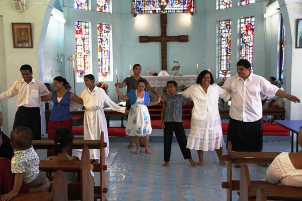 Some of the All Saints' Youth Group going through their Easter Sunday morning routine.