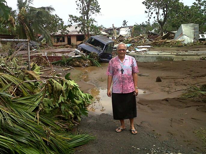Archbishop Winston Halapua checks out the damage caused by Cyclone Evan before Christmas.