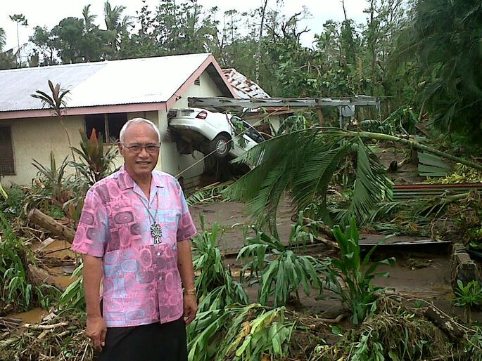 Archbishop Winston Halapua surveys the wreckage of Cyclone Evan in Apia prior to Christmas. Archbishop Winston Halapua surveys the wreckage of Cyclone Evan in Apia prior to Christmas.