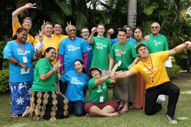 More carefree times: The archbishops (with ++Winston in the purple sleeves) front up with young friends at this year's General Synod in Nadi. 