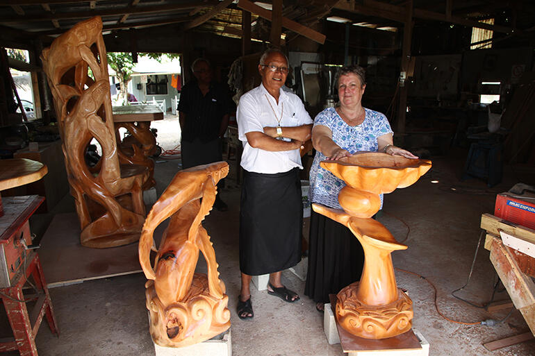 The Rev Sue Halapua standing behind the new baptismal font at the workshop where the altar furniture was sanded and varnished. The Rev Sue Halapua standing behind the new baptismal font at the workshop where the altar furniture was sanded and varnished.