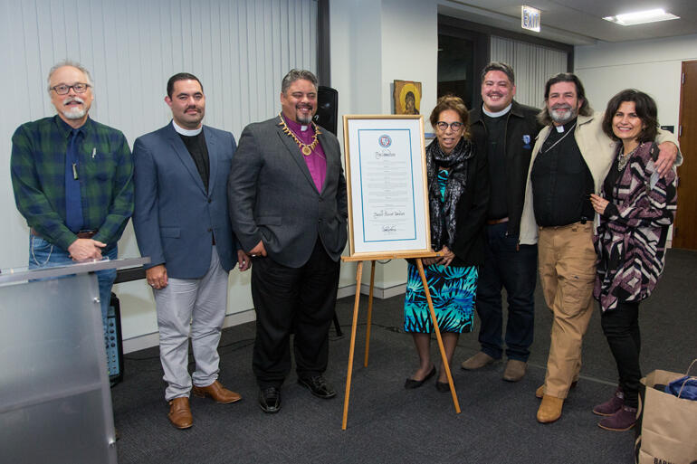 L-R: Prof D Smith Christopher, Rev C Huriwai, Abp Don Tamihere, Dr J Te Paa Daniel, Rev M Tamihere, Fr M Cunningham & Zsa Zsa Smith Christopher.