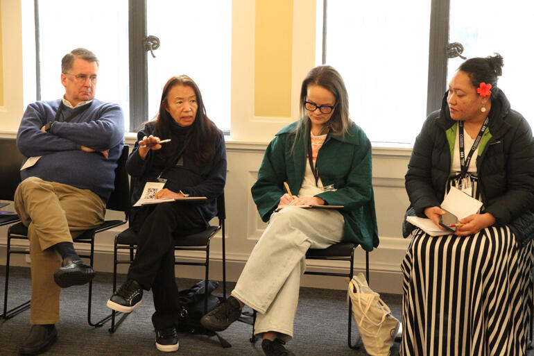 Rev Haaheo Guanson(Hawaii) advocates a perspective during the theological education discussion. Rev Haaheo Guanson(Hawaii) advocates a perspective during the theological education discussion.