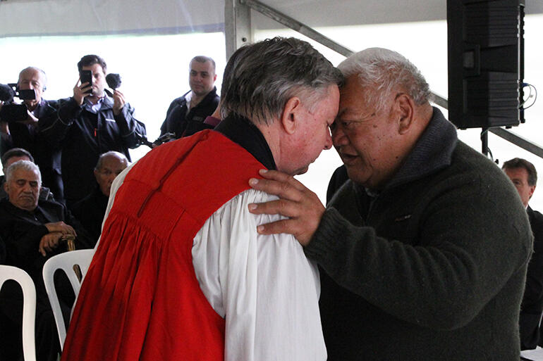 Peri Kohu exchanges the hongi with Archbishop Sir David Moxon. Archbishop David had steered the apology process from the church's side.