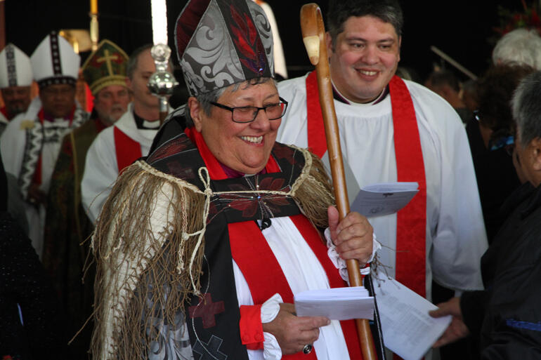 Bishop Waitohiariki processes out of the service followed by the three archbishops. Bishop Waitohiariki processes out of the service followed by the three archbishops.