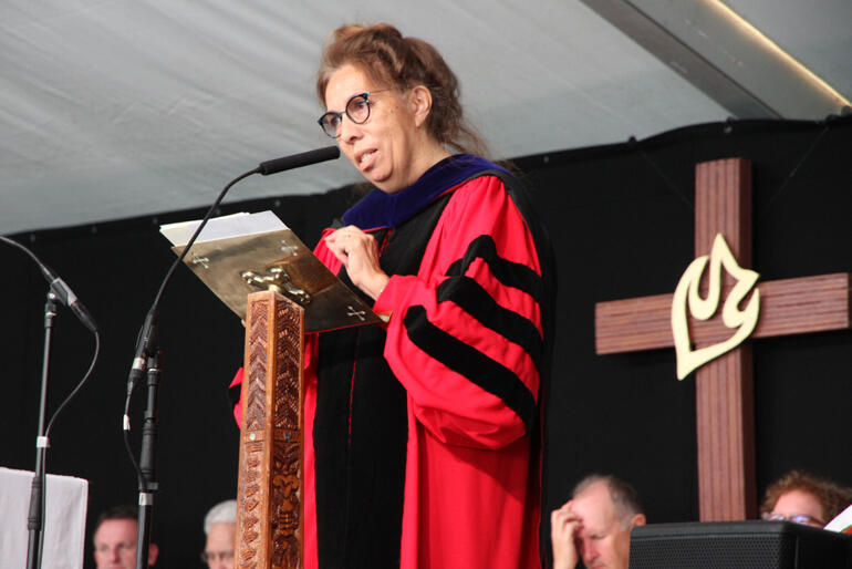 Dr Jenny Te Paa Daniel gives her ordination sermon that was greeted with enthusiastic applause. Dr Jenny Te Paa Daniel gives her ordination sermon that was greeted with enthusiastic applause.