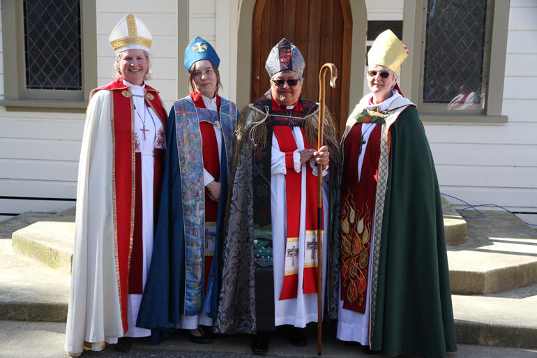 L-R: Area Bishop Riscylla Shaw, Asst Bishop Eleanor Sanderson, Bishop of Upoko o Te Ika Waitohiariki Quayle, Asst Bishop Denise Ferguson. L-R: Area Bishop Riscylla Shaw, Asst Bishop Eleanor Sanderson, Bishop of Upoko o Te Ika Waitohiariki Quayle, Asst Bishop Denise Ferguson.