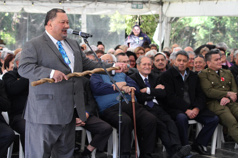 Mike Kawana stands as sole speaker for the tangata whenua and Bishop-elect Waitohiariki during the formal welcome.