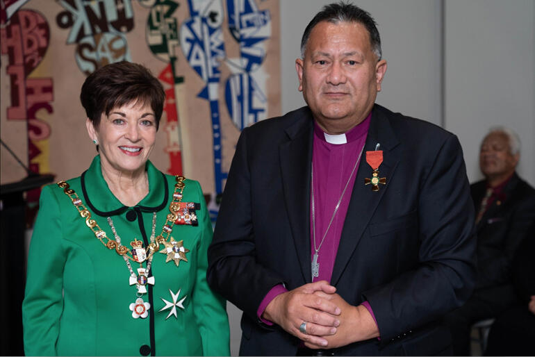 Governor General Rt Hon Dame Patsy Reddy after presenting an ONZM to the Bishop of Te Tai Tokerau, Rt Rev Te Kitohi Pikaahu.