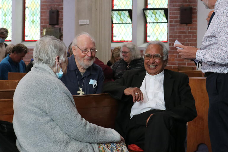 Paipera Tapu translation team members Rt Rev George Connor and Ven Dr Te Waaka Melbourne share a light moment at the launch.