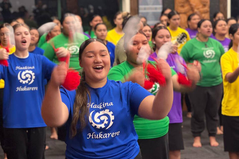 Head Girl Zsana Dimitro front the poi lines during the school's wananga this May, their first chance to be together since February. Head Girl Zsana Dimitro front the poi lines during the school's wananga this May, their first chance to be together since February.