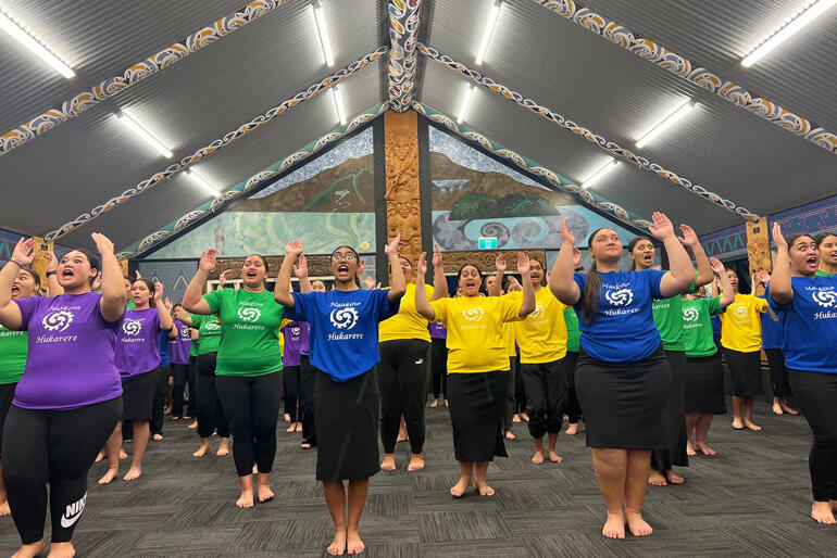 Hukarere Girls' practice kapa haka during their May '23 wānanga on the history and Mihinare whakapapa of Hukarere. Hukarere Girls' practice kapa haka during their May '23 wānanga on the history and Mihinare whakapapa of Hukarere.