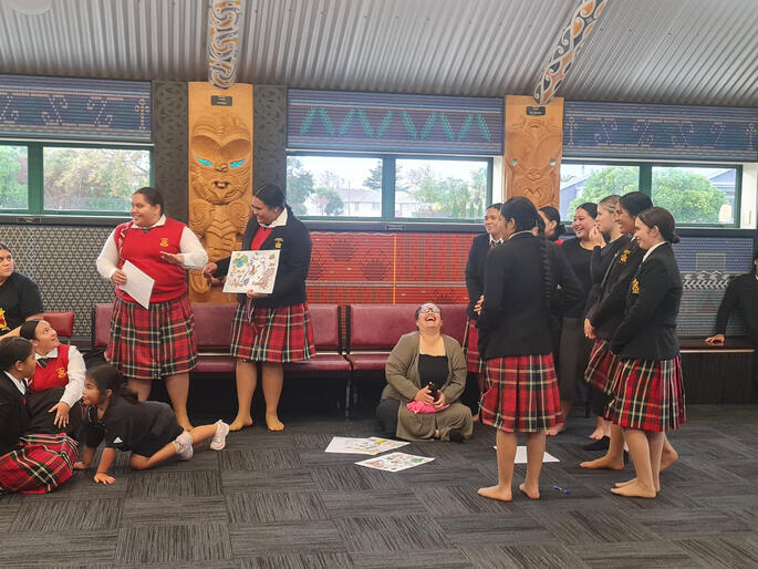 Kōhine present their groups' findings during a full school wānanga at Pukemokimoki Marae in Napier this May. Kōhine present their groups' findings during a full school wānanga at Pukemokimoki Marae in Napier this May.