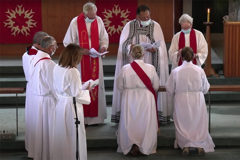 Bishop Te Kitohi Pikaahu leads Liz Martin & Catherine Anderson's ordinations as priest and deacon at Christ Church Whāngarei 19 December 2021.