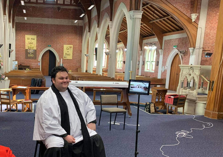 Rev Zhane Tahau Whelan and one of the recording tablets get ready for online karakia from Holy Trinity Gisborne. Rev Zhane Tahau Whelan and one of the recording tablets get ready for online karakia from Holy Trinity Gisborne.