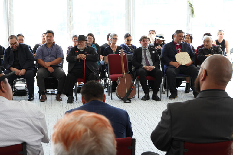 Archbishop Don and the Pīhopatanga o Aotearoa representatives listen to praise for Bishop Richard. Archbishop Don and the Pīhopatanga o Aotearoa representatives listen to praise for Bishop Richard.
