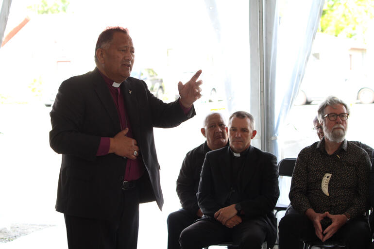 Bishop Te Kitohi Pikaahu pays respects as Catholic Bishop of Christchurch Michael Gielen, and former Christchurch Mayor Garry Moore look on. Bishop Te Kitohi Pikaahu pays respects as Catholic Bishop of Christchurch Michael Gielen, and former Christchurch Mayor Garry Moore look on.