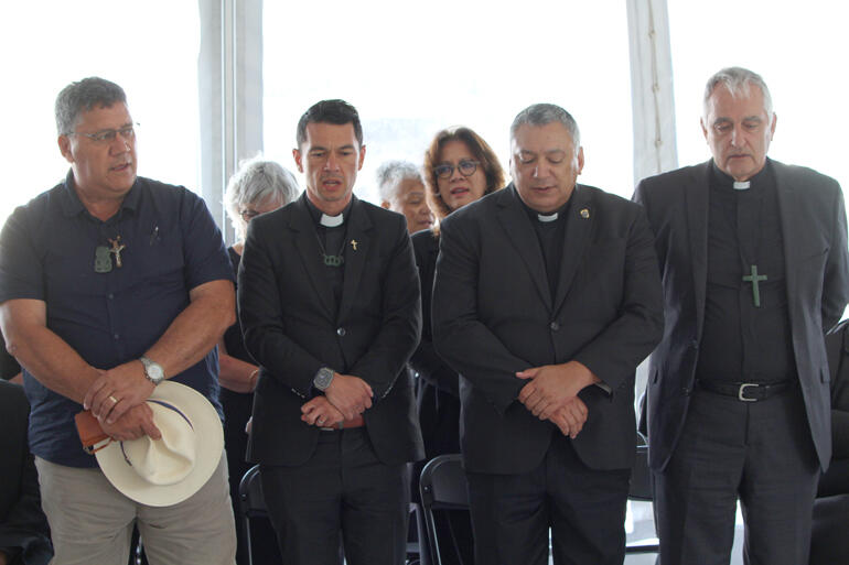 Leaders from Te Hui Amorangi o Te Tai Tokerau stand to sing. Leaders from Te Hui Amorangi o Te Tai Tokerau stand to sing.