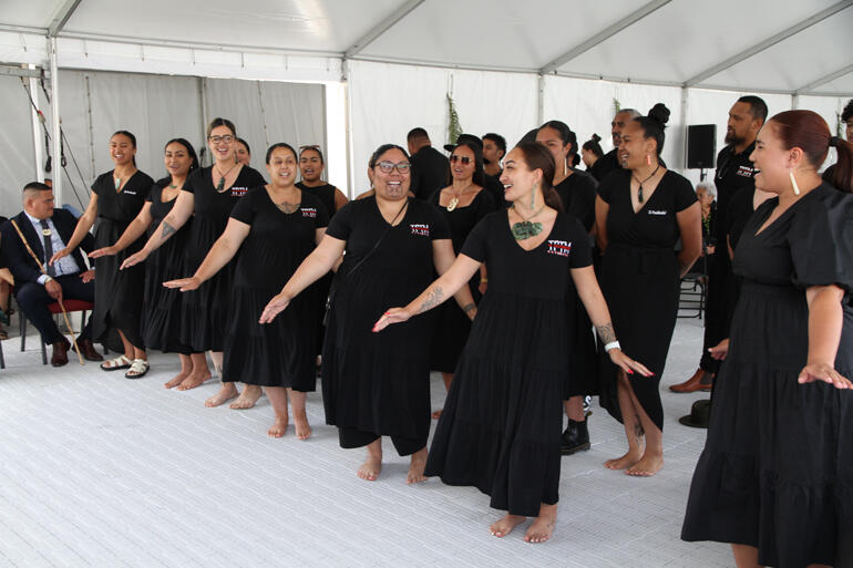 Members of Te Kuru Marutea kapa haka bring joy with their aroha for Bishop Richard and his whānau.