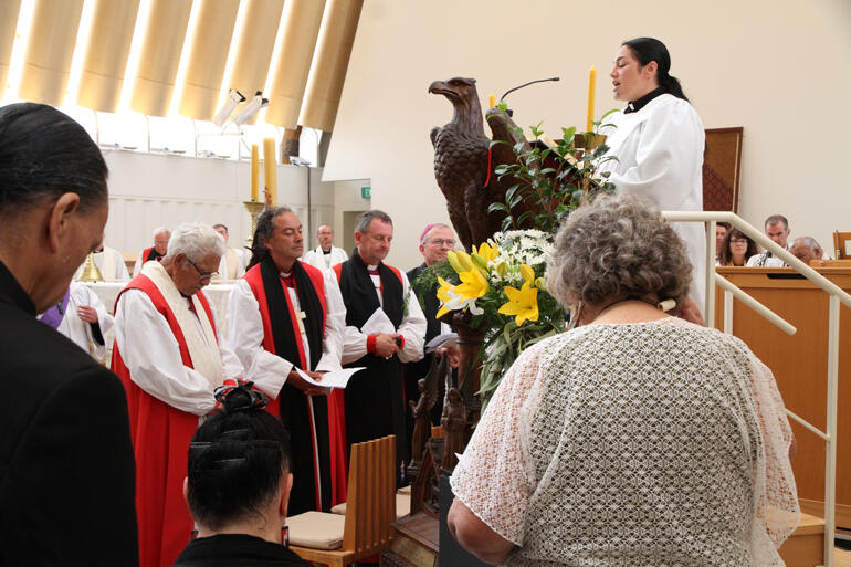 Rev Nerissa Kaa reads from the temptation of Christ in the Gospel of Matthew.