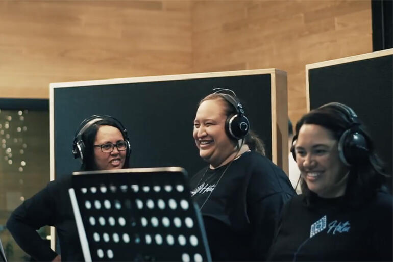 Altos Janet Harris, Marcia Hopa and Erana Kake enjoy a light moment during a recording session for the Pīhopatanga o Te Tai Tokerau Himene project.