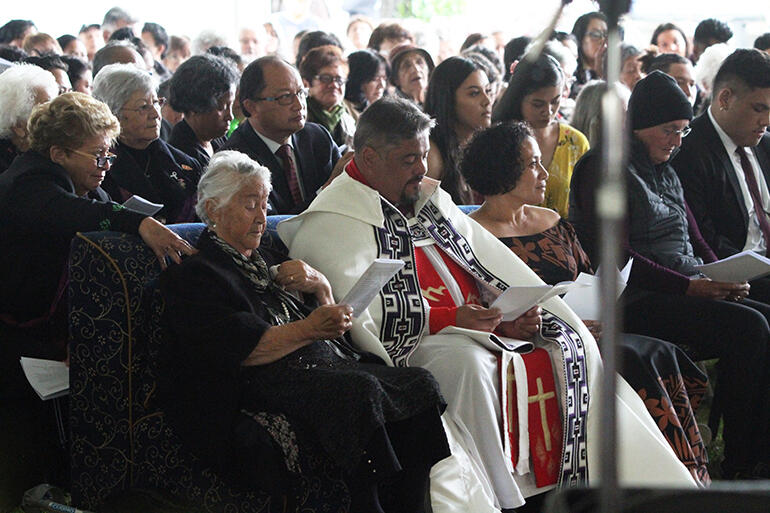 A touching moment: Whaea Mihi Turei, widow of the late Archbishop Brown Turei, seated next to Archbishop Don and his wife Kisa.