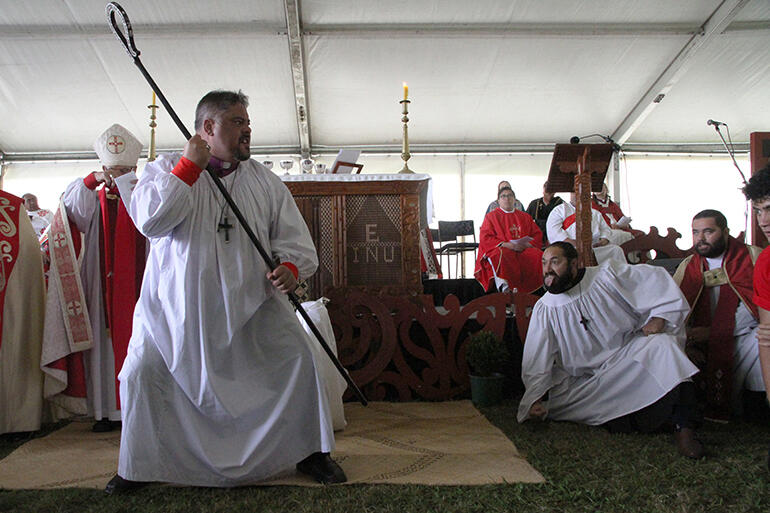 Ruaumoko is a classic, maximum energy Ngati Porou haka, which Archbishop Don first performed as a young boy. 