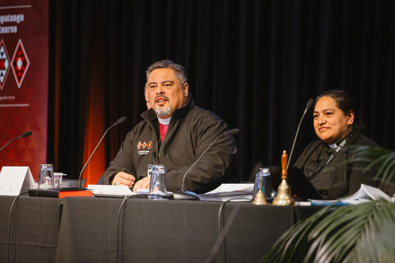 Archbishop Don Tamihere and Ven Ruihana Paenga look across Te Rūnanganui during reporting on 30 September 2023.