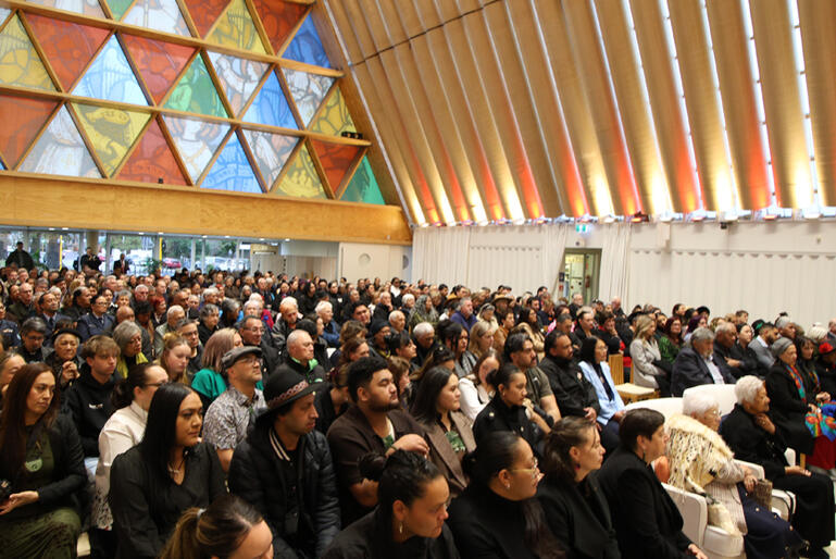 Hundreds pack into the Transitional Cathedral during the mihi whakatau for Te Makau Ariki Atawhai as Bishop Susan's ordination day begins.
