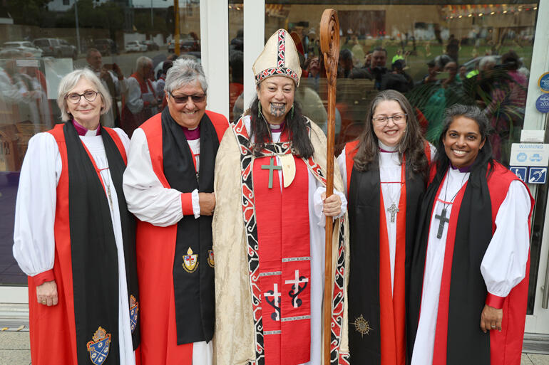 L-R: Abp of Perth Kay Goldsworthy, Bishop Waitohiariki Quayle, Bishop Susan Wallace, Archbishop of Brazil Matinez Bassotto, Bishop Anashuya Fletcher.