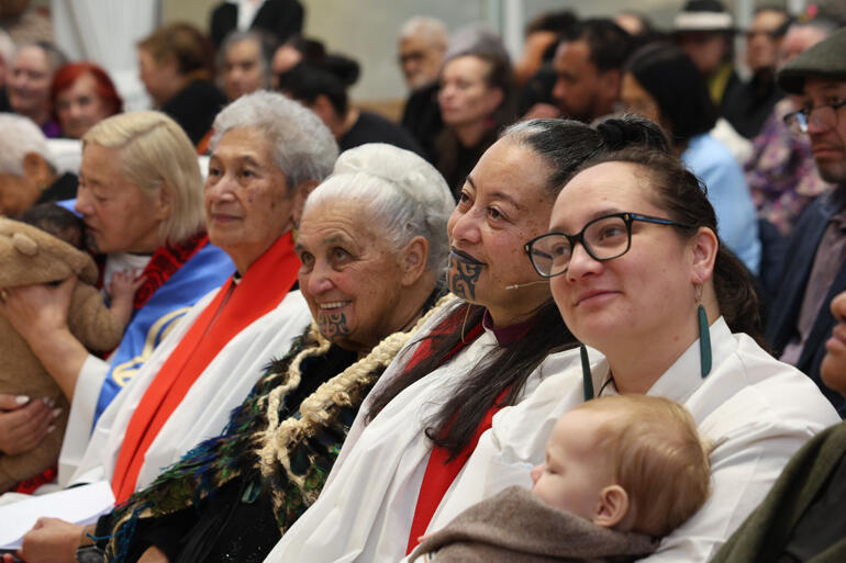 L-R: Ven Mere Wallace, Rev Helen Gray, Reihana Parata (former Matron at TWP College), Bp-elect Susan, Rev Puawai Swindells-Wallace and pēpi.