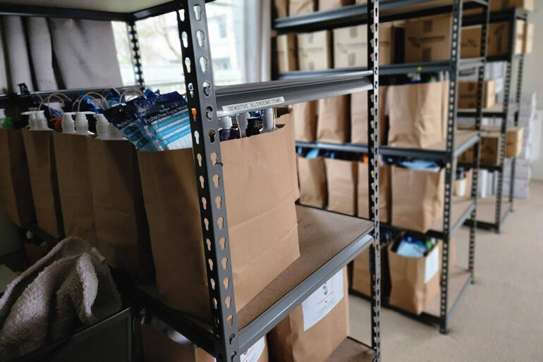 Shelves of health care supplies wait to go out through Māori Anglican ministry teams across Te Waipounamu.