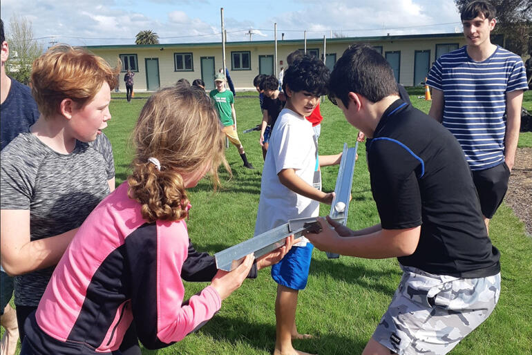 11-13 year olds compete in their 'Top Town' teams on the first day of Wellington's Intermediate Camp in Foxton.