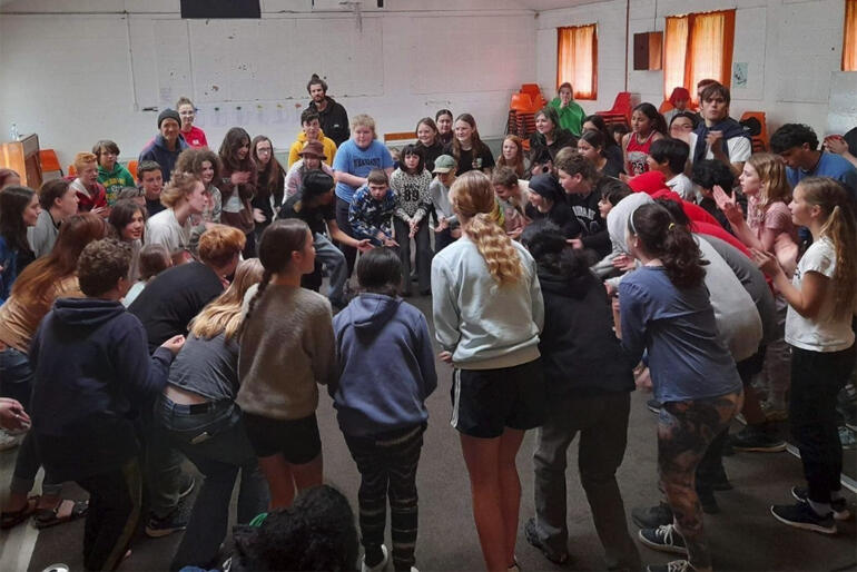 Young teens from Years 7-8 and their Anglican youth leaders take part in a group challenge during the Wellington AYM Intermediate Camp. Young teens from Years 7-8 and their Anglican youth leaders take part in a group challenge during the Wellington AYM Intermediate Camp.