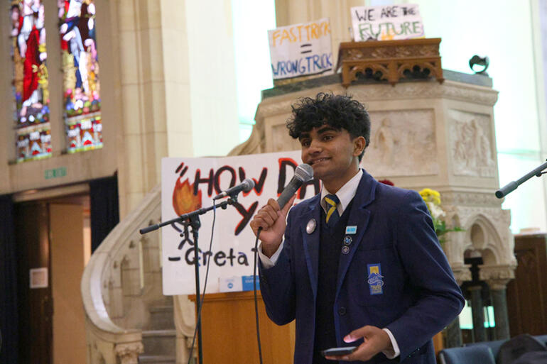 Shiva Kasibhatla(15) from Taieri College challenges students to think of themselves as ancestors.