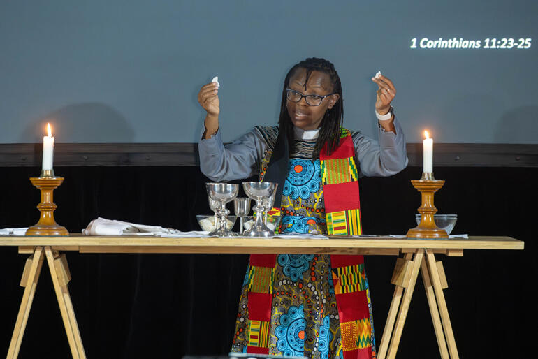 NZCMS Intercultural Communities Enabler, Rev Alice Kinyua celebrates the Eucharist for young people gathered at The Abbey. NZCMS Intercultural Communities Enabler, Rev Alice Kinyua celebrates the Eucharist for young people gathered at The Abbey.