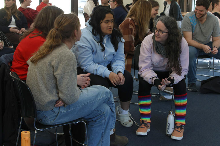Waikanae youth pastor Hazel Nugent (in rainbow socks) listens to Anglican youth leaders' insights during the 'Working with Anxiety' workshop. Waikanae youth pastor Hazel Nugent (in rainbow socks) listens to Anglican youth leaders' insights during the 'Working with Anxiety' workshop.