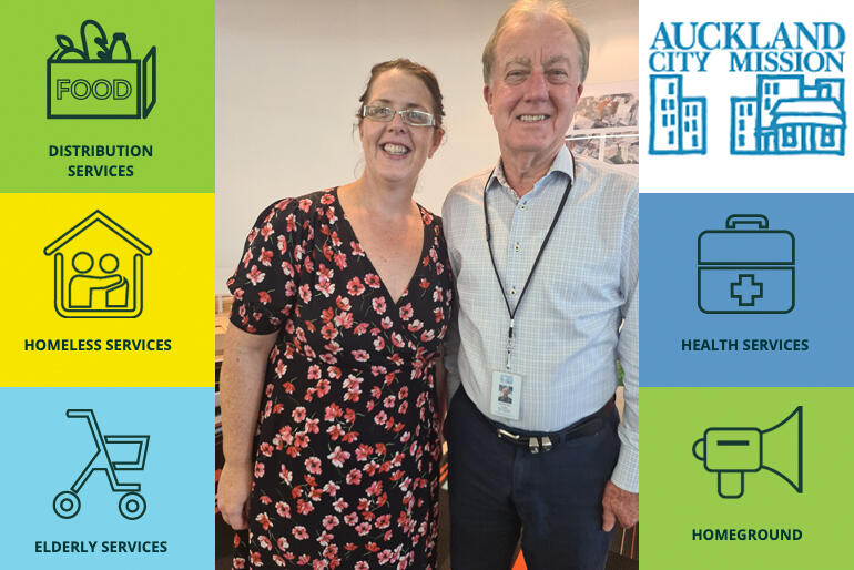 L-R: Incoming Auckland City Missioner Helen Robinson stands with outgoing Missioner Chris Farrelly as Helen's appointment was announced this week.