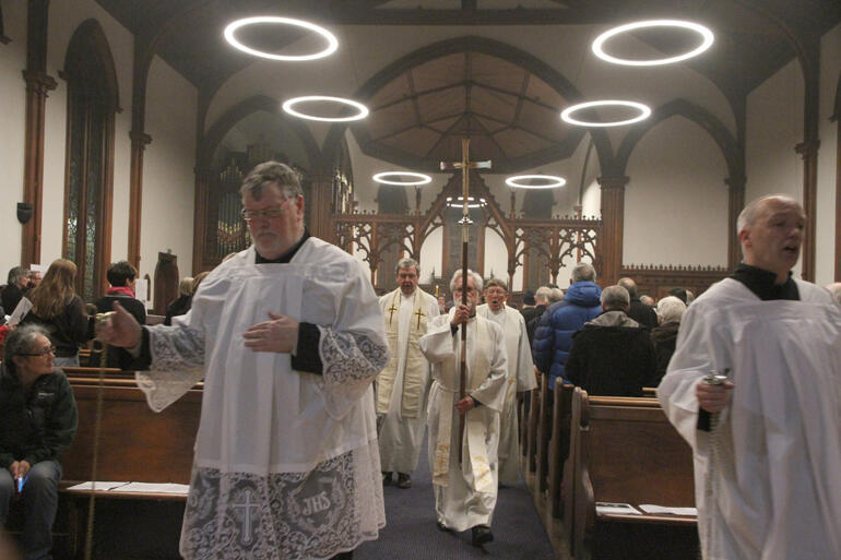 St Barnabas Roseneath's thurifers cense their way out of the opening mass at St Peter's.