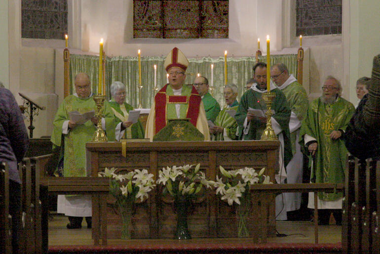 Bishop Steven Benford celebrates the Anglo-Catholic Hui Opening Eucharist with priests from round his Diocese of Dunedin. Bishop Steven Benford celebrates the Anglo-Catholic Hui Opening Eucharist with priests from round his Diocese of Dunedin.